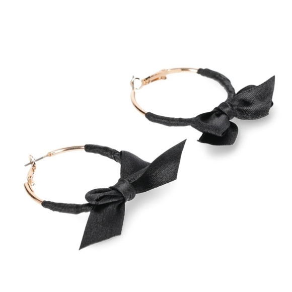 No Boundaries Black Fabric Bow Gold Hoop Earrings - Picture 3 of 6